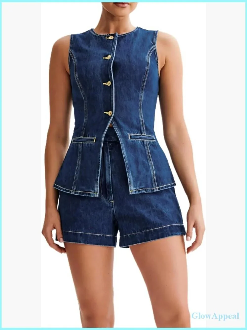 2 Piece Denim Suit Set Sleeveless Vest Shorts